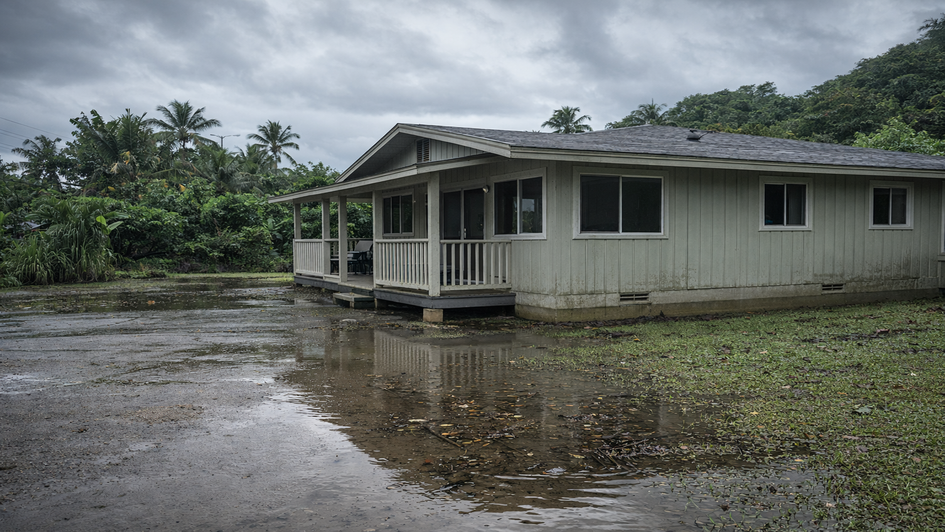 Mold After Flood Hawaii - Handy Andy Hawaii Flood-damaged single-story home on Oahu after Kona Low storm with standing water in front yard