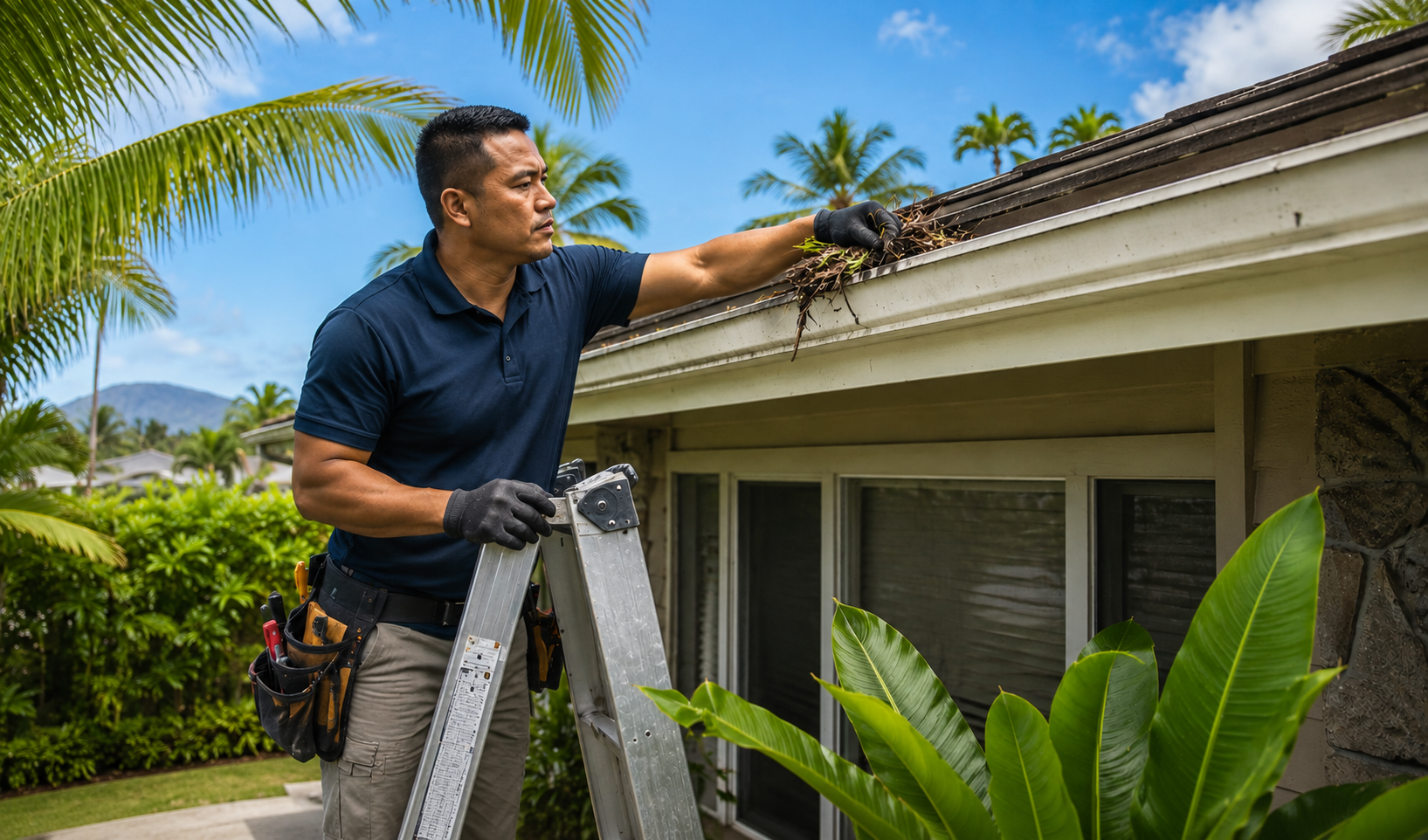 Handyman Performing Home Maintenance on an Oahu Home - Handy Andy Hawaii - Handy Andy Hawaii Handyman on a ladder clearing a rain gutter on an Oahu home during routine maintenance